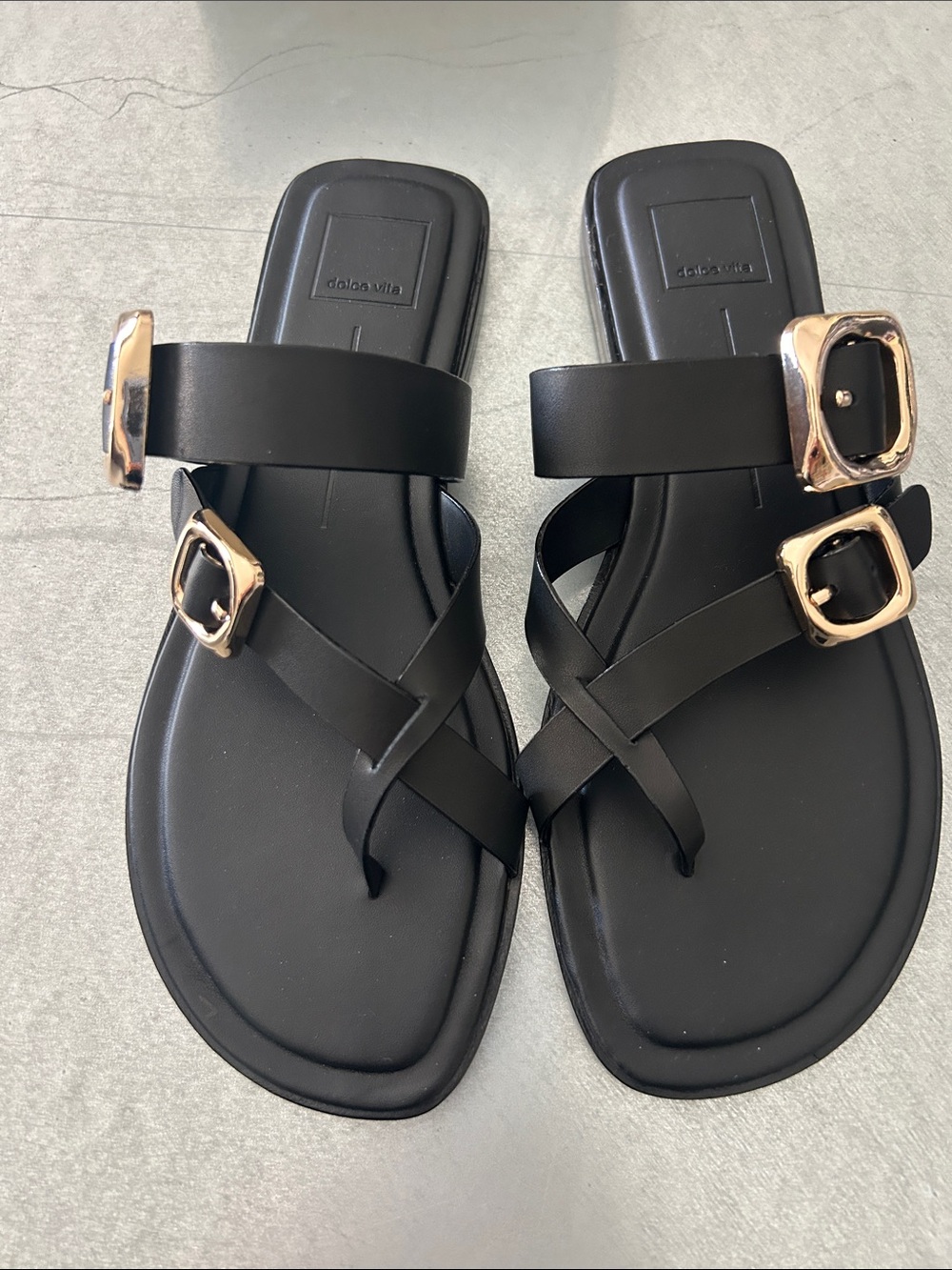 Dolce Vita Black Slide Sandals with Gold Buckles